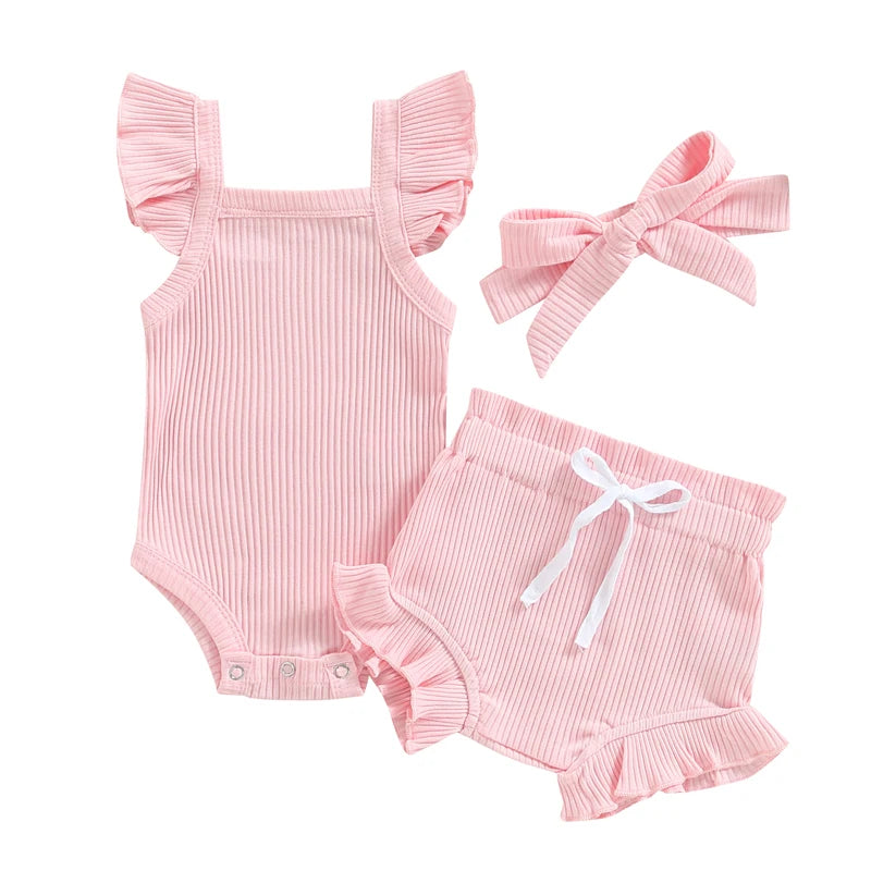 Newborn Baby Girl Clothes Summer Outfit Ruffle Sleeveless Knit Romper Top Bloomer Shorts Set