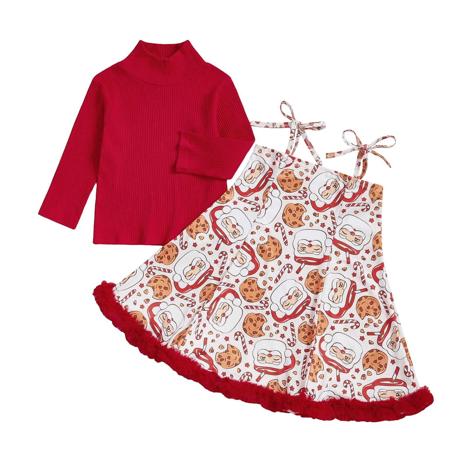 Women s Christmas Outfit Red Plaid Long Sleeve High Neck Ribbed Tops Snowman Print Suspender Skirt Set with Bow Detail