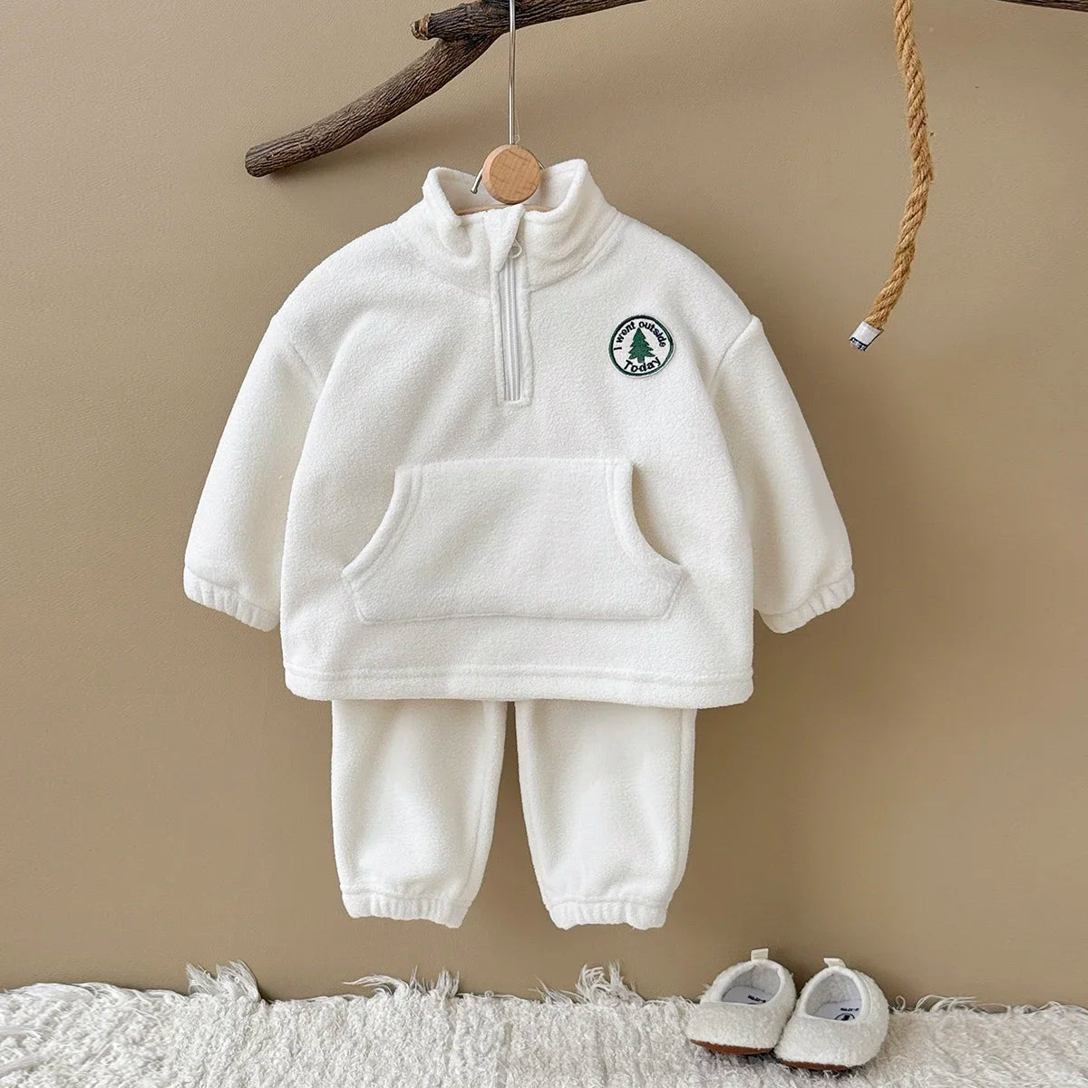 Autumn Winter Thermal Suit Baby Boys Girls Sets Polar Fleece High Neck Badge Pocket Pullover Solid Pants Kids Clothes