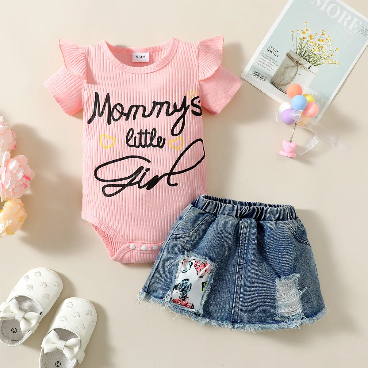 Girls Casual Summer Letter Print Short Sleeve Triangle Blanket Dress + Denim Skirt Two-Piece Set Infant Outfit