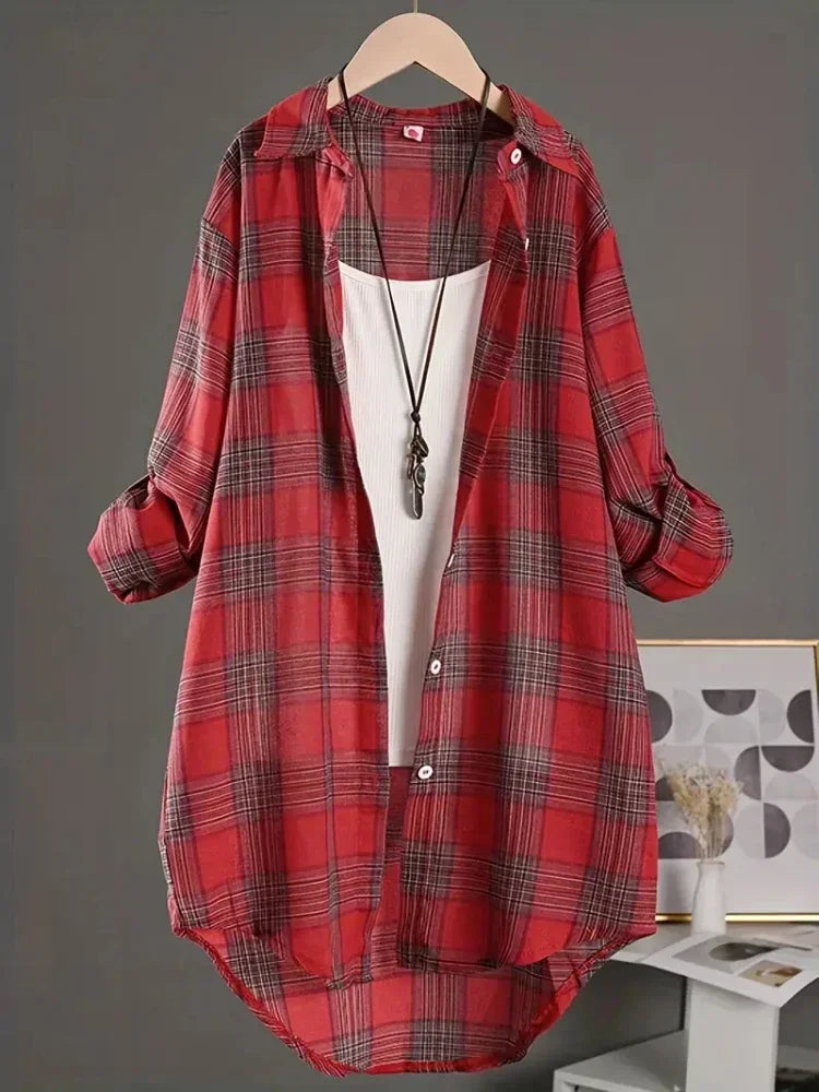 Plus Size Korean Style Plaid Blouses Medium Long Casual Style Shirt Loose Women All Match Long Sleeved Shirts Sunscreen Blouses