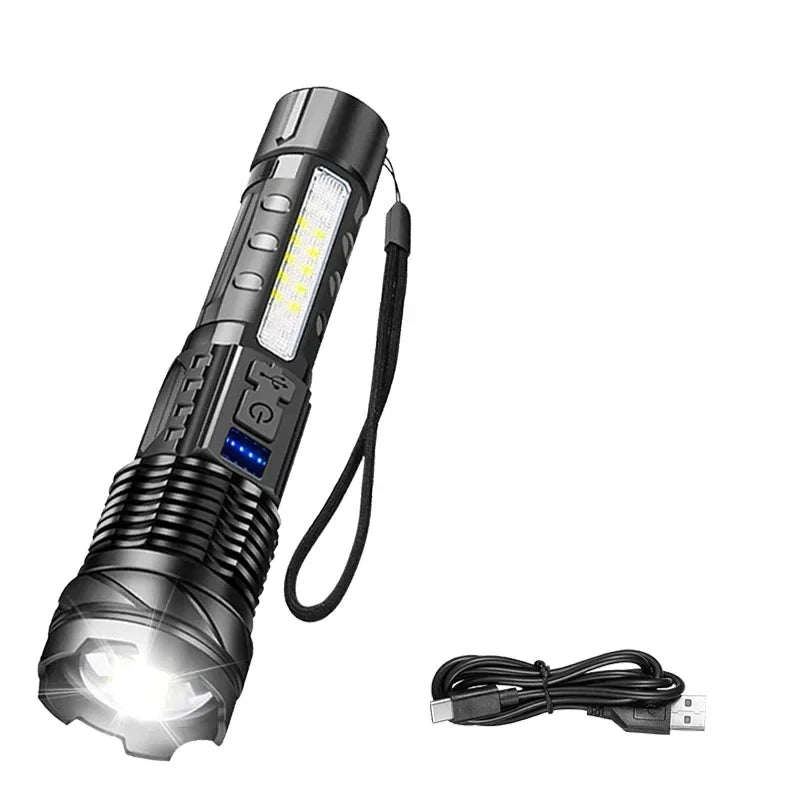 Portable Rechargeable LED Flashlight with Pen Clip Zoomable Waterproof Torch with Side Light Outdoor Camping Emergency Lantern
