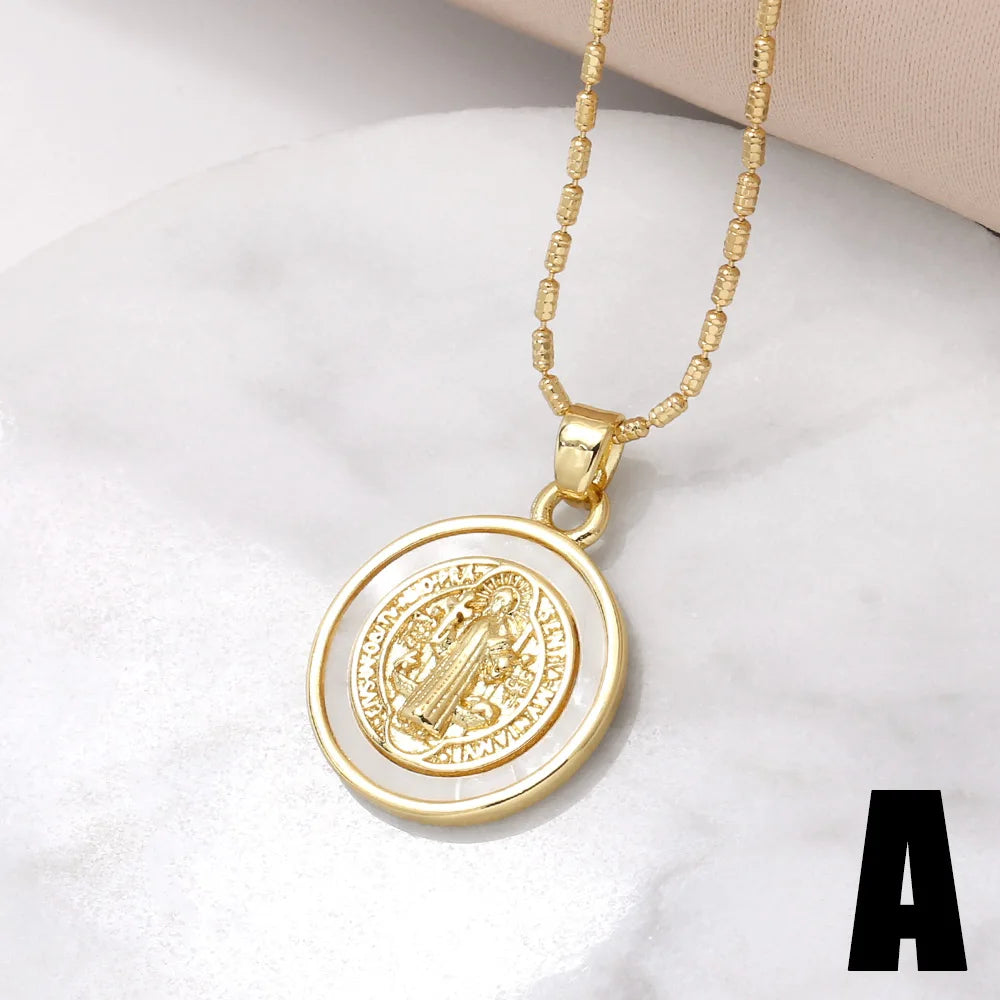 Round San Benito Necklaces for Women Gold Plated Cross Necklaces Religious Amulet Jewelry Gifts nkev31