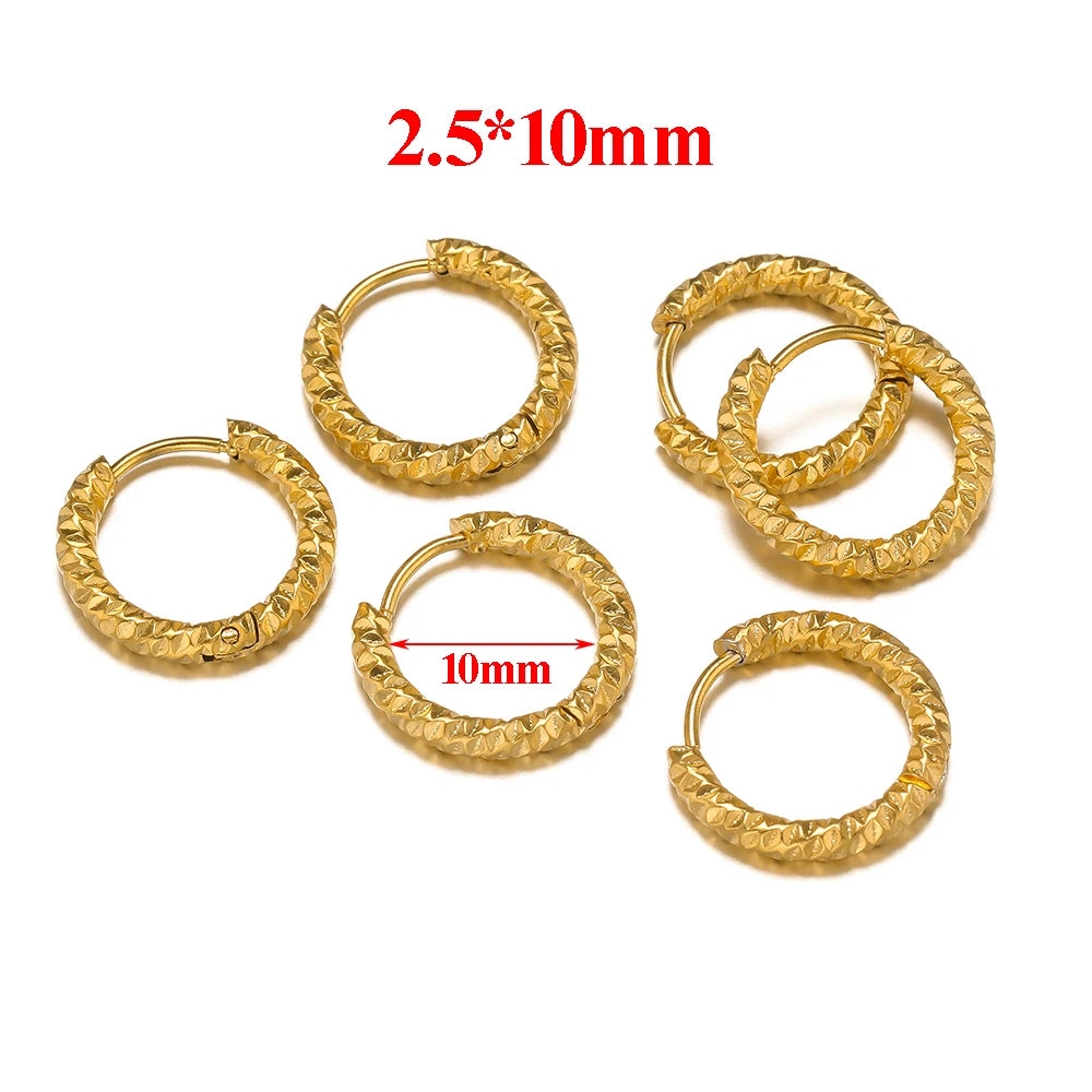 6pcs Stainless Steel Round Embossing Ear Rings PVD Gold Plated Korean Earrings Hoops Earring for Women Female Girls Metal Luxury