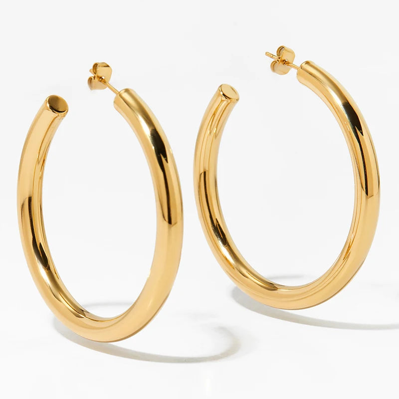 Exaggerated Hollow Thick Big Circle Hoop Earrings For Women Stainless Steel C-Ring Chunky Piercing Earrings Fashion Jewelry Gift