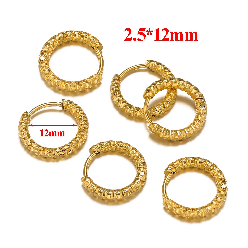 6pcs Stainless Steel Round Embossing Ear Rings PVD Gold Plated Korean Earrings Hoops Earring for Women Female Girls Metal Luxury