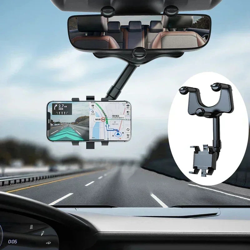 Universal Car Phone Mount with Rotating and Retractable Design for Rearview Mirror, DVR, GPS, and Dashboard Camera