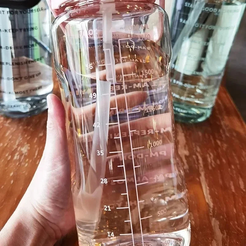 2000ml Sports Drinking Bottles with Time Marker Men Women Water Bottle with Straw Large Capacity Outdoor Cup Fitness Drinkware