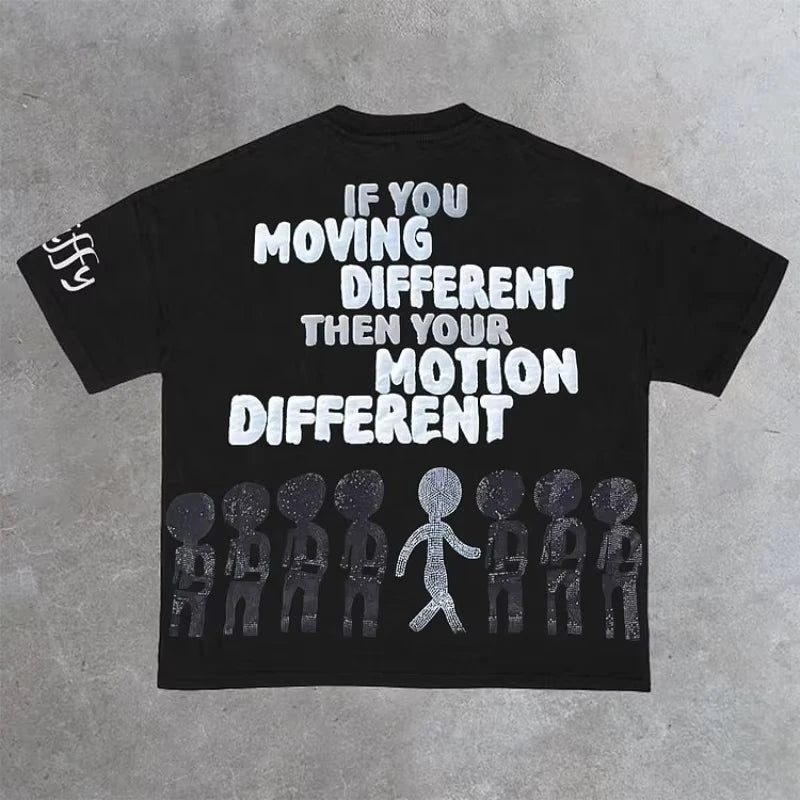 Vintage Motion Different Graphic 100% Cotton Short Sleeve T-Shirt Men Y2K Short Sleeves Oversize Tshirt Streetwear Women Tops