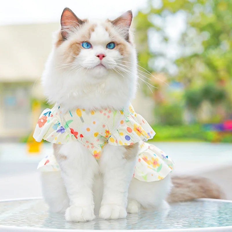 Summer Mesh Dog Clothes Fashion Dog Dresses Floral Print Puppy Princess Dress Ice Silk Cat Flying Sleeve Skirt Yorkshire Apparel