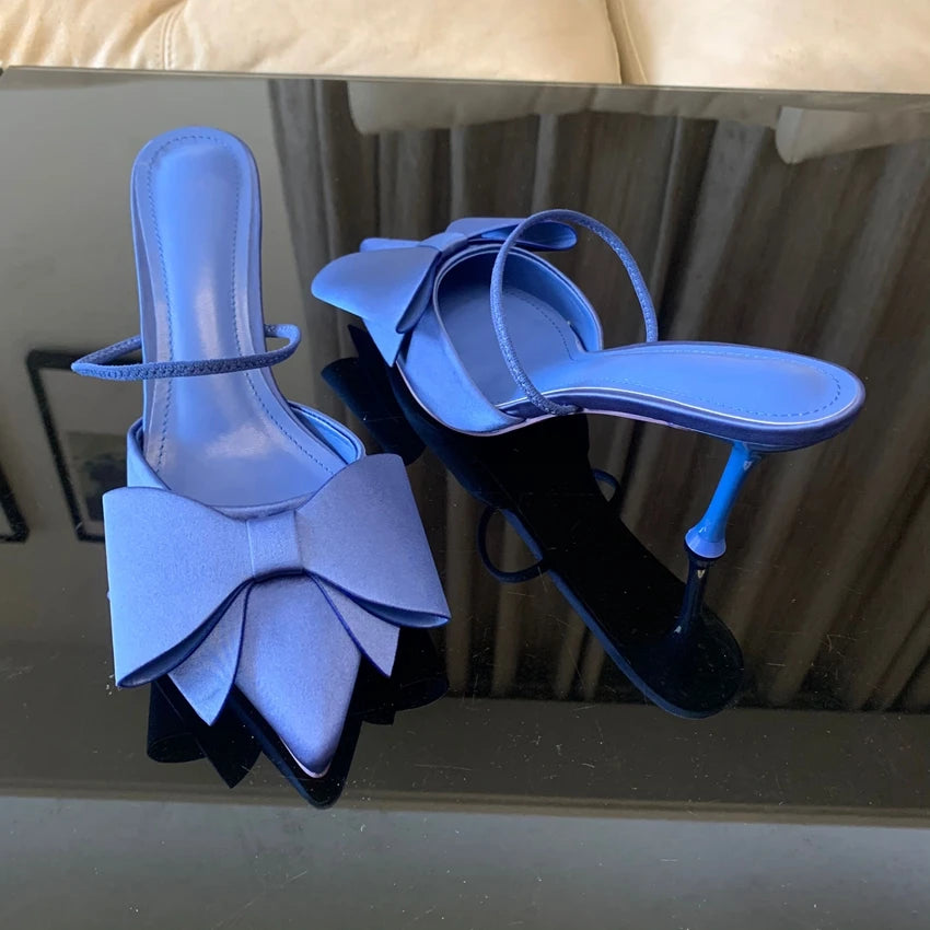Fashion Bow knot High Heels Sandals Women 2025 Summer Slingback Pumps Vintage Satin Pointed Toe Heeled Elegant Party Lady Shoes