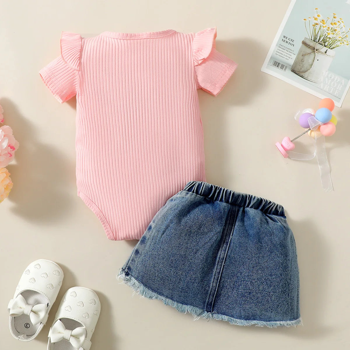 Girls Casual Summer Letter Print Short Sleeve Triangle Blanket Dress + Denim Skirt Two-Piece Set Infant Outfit