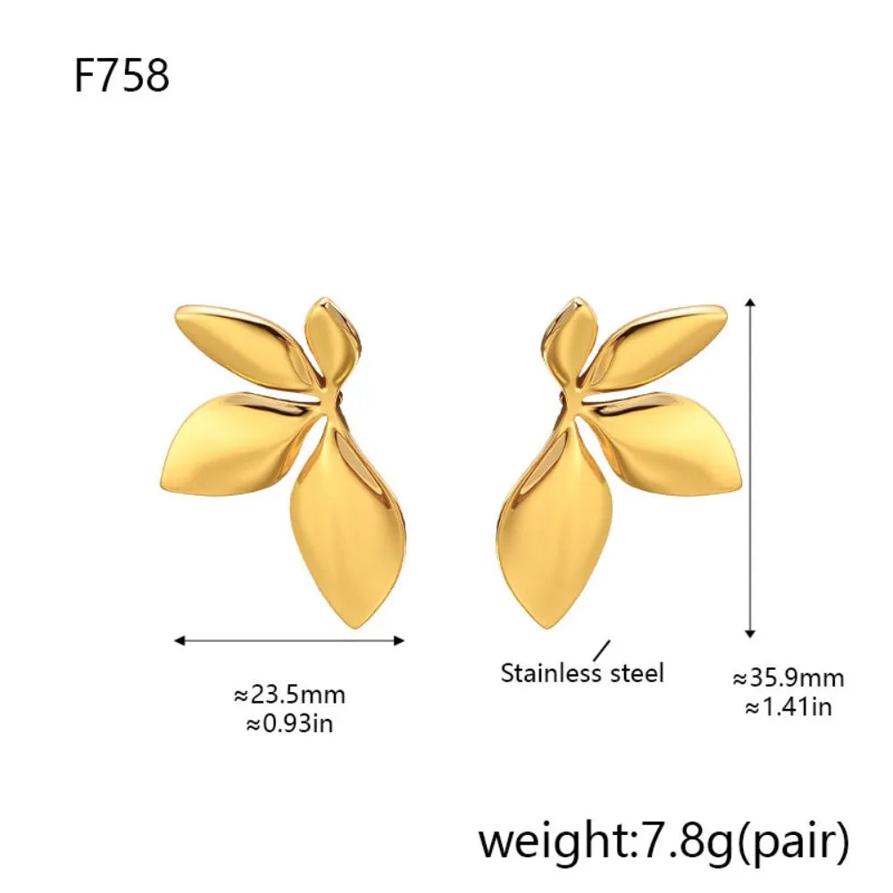 Fashion Temperament Stainless Steel Gold Color Shiny Surface Flower Petals Leaves Stud Earrings for Women Jewelry Accessory Gift