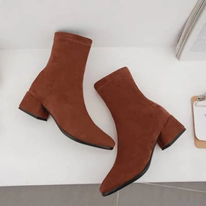 NASBAVI Woman Ankle Boots 2025 Autumn Winter Round Toe Low Heel Flock Black Comfortable Booties Lady Shoes Zapatos Mujer