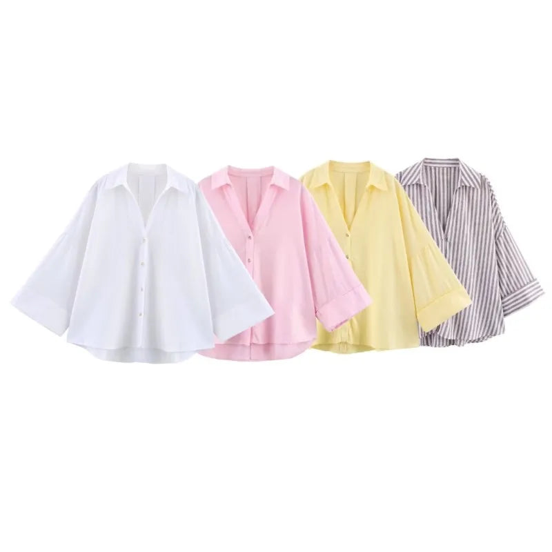 HipSeam Wide Sleeved Shirt Women Spring Asymmetric Hem Button Women's Shirts Simple Lady Johnny Collar Linen Shirts & Blouses