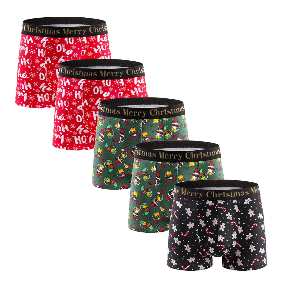 5pcs Christmas Print Men's Underpants Shorts Letter Waistband Boxer Briefs Brand Men Panties Cotton Underwear Man Boxers Trunks