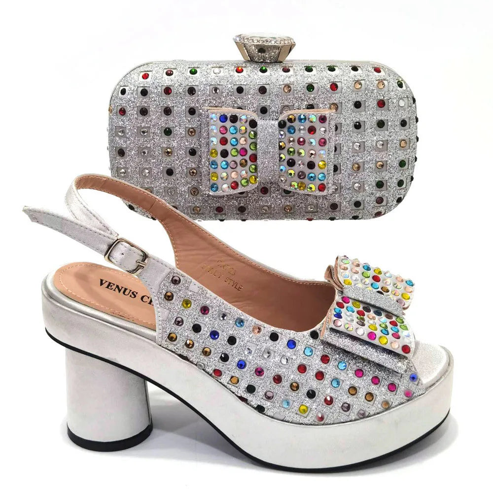 2024 Gold Party Shoe and Bag for Wedding Italy Style Matching Shoes and Purse Set for Bride Bridal High Heels Sandals Bag