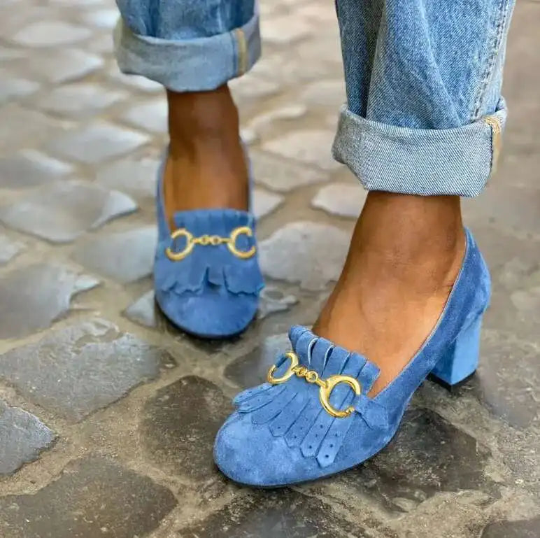 Pink Fringed Metal Buckle Pumps Round Toe Suede Chunky Heels Women Shoes Loafers