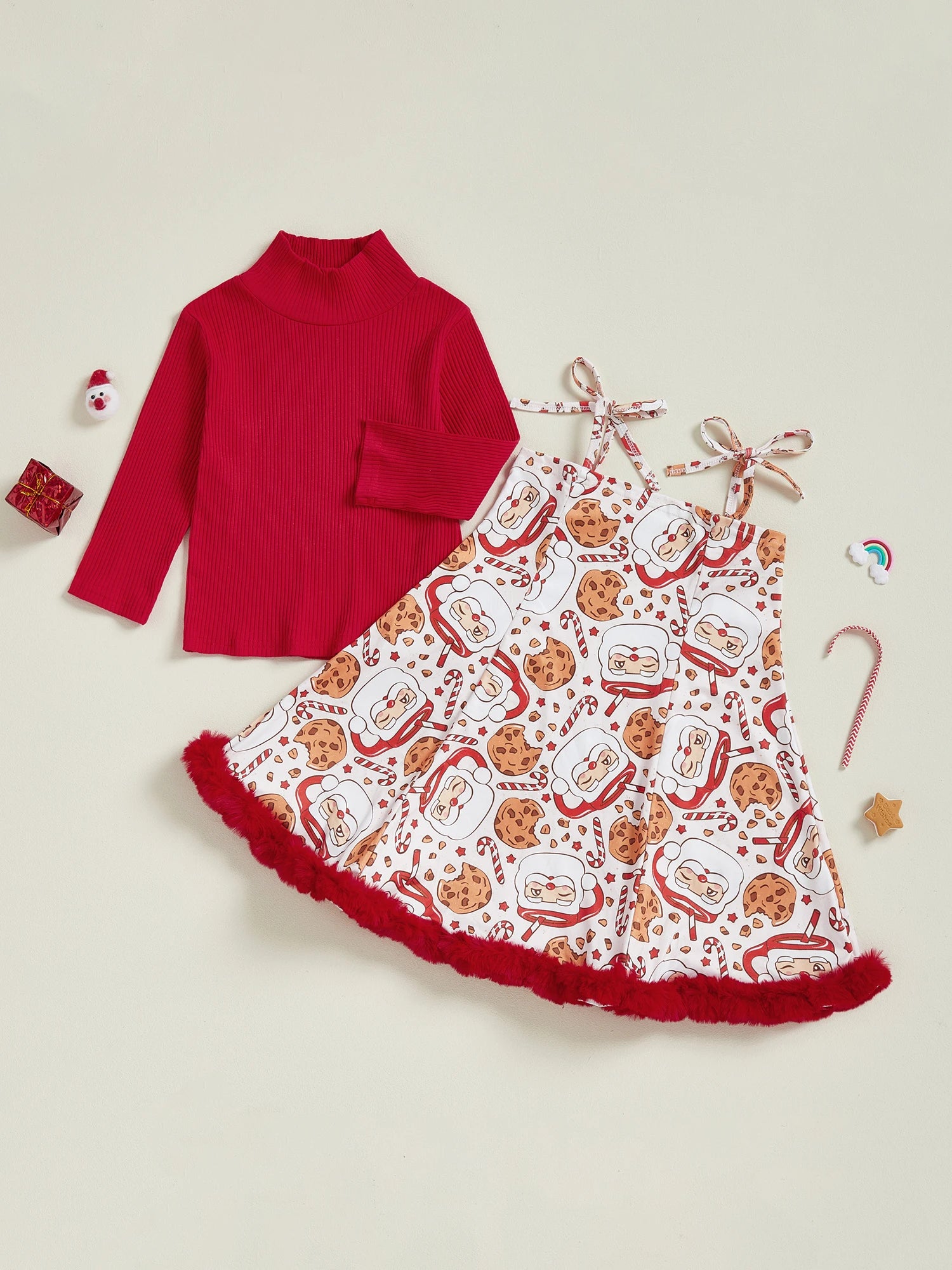 Women s Christmas Outfit Red Plaid Long Sleeve High Neck Ribbed Tops Snowman Print Suspender Skirt Set with Bow Detail