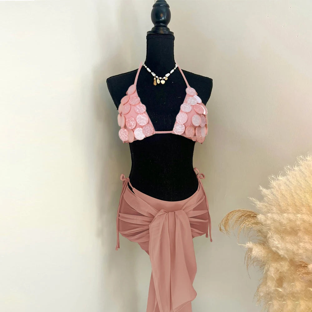 3 Pcs Shell Swimsuit Bikini with Skirt Swimwear Swimsuit Women Separates Push Up Swimwear Swimsuit Bathing Suit