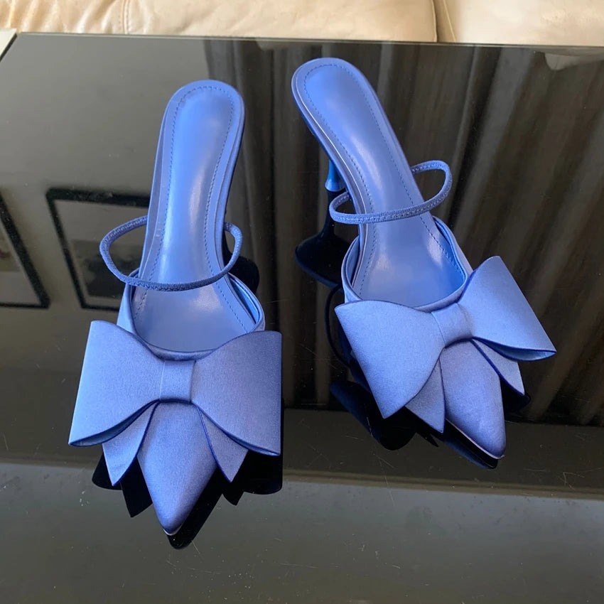 Fashion Bow knot High Heels Sandals Women 2025 Summer Slingback Pumps Vintage Satin Pointed Toe Heeled Elegant Party Lady Shoes