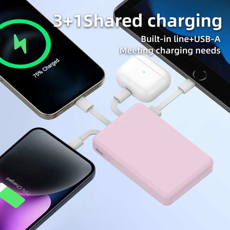 Mini Compact Portable Power Bank 5000Mah Mobile Phone Charger, Built-In Type-C Input, Built-In Usb-A Output, Built-In Type-C/ Micro/Suitable for Smartphones, Headphones, Speakers and Other Products
