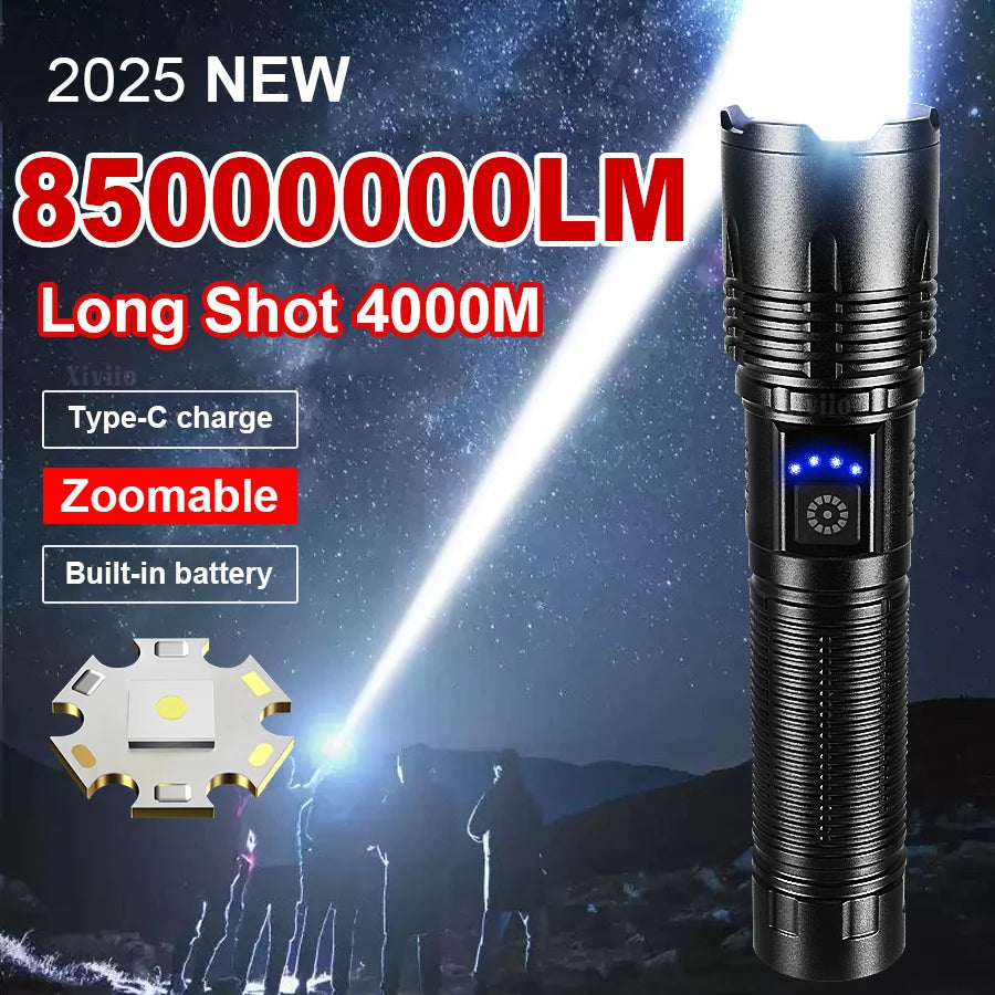 2025 NEW Ultra Bright LED Flashlight 85000000LM Strong Light Tactical Torch Rechargeable Portable Lamp Outdoor Camping Lantern