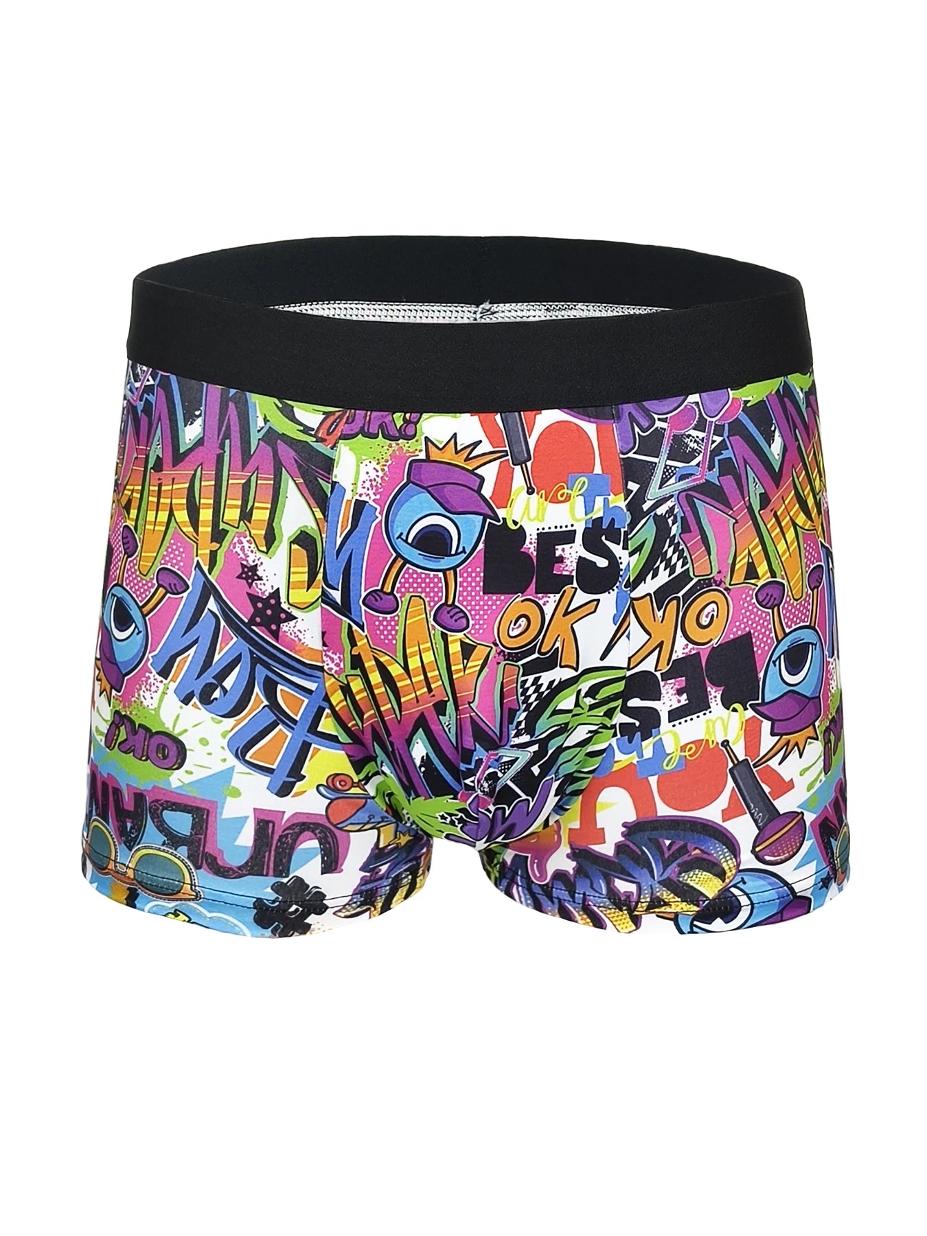 Men's 4-Pack Polyester Boxer Briefs - Graffiti Art Print, Black Waistband Underwear Set