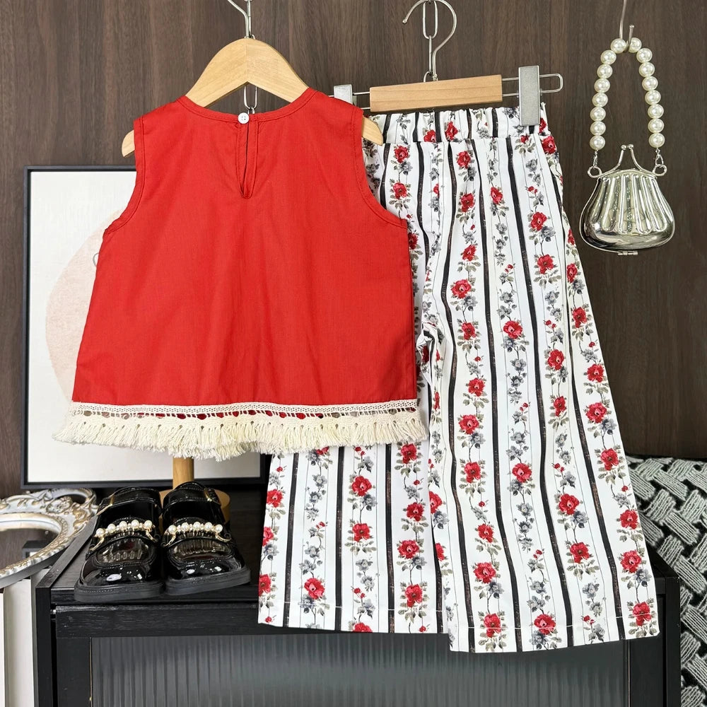 Summer New 3-7Y Girls Casual Clothes Korean Version Children Sleeveless O-Neck Tassel Top + Flower Print Pants 2 Pcs Set