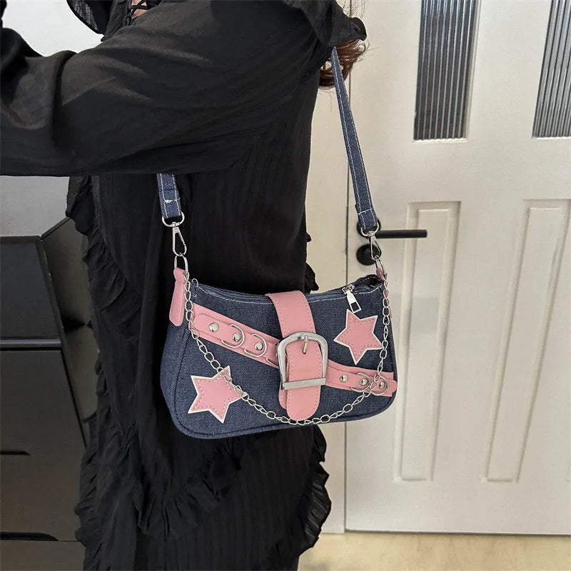 Y2k Hot Girls Denim Shoulder Bags Retro Rivet Star Women's Underarm Bag Portable Female Chain Armpit Bag Small Purse Handbags