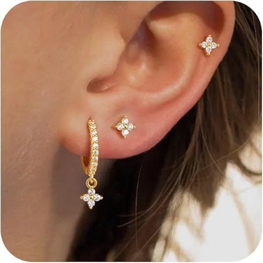 New Design Gold Color Earrings Stack Hoop for Women Girl Unique Zircon Flower Stud Earring Lobe Helix Cartilage Piercing Jewelry