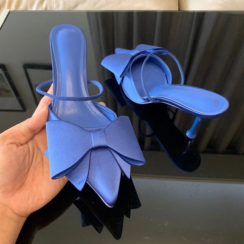 Fashion Bow knot High Heels Sandals Women 2025 Summer Slingback Pumps Vintage Satin Pointed Toe Heeled Elegant Party Lady Shoes
